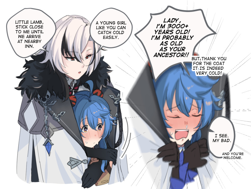 2girls, ahoge, arlecchino_(genshin_impact), black_hair, blue_hair, blush, coat, english_text