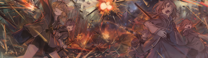 5girls, :o, absurdres, animal_ears, arknights, battle, beagle_(arknights), black_jacket