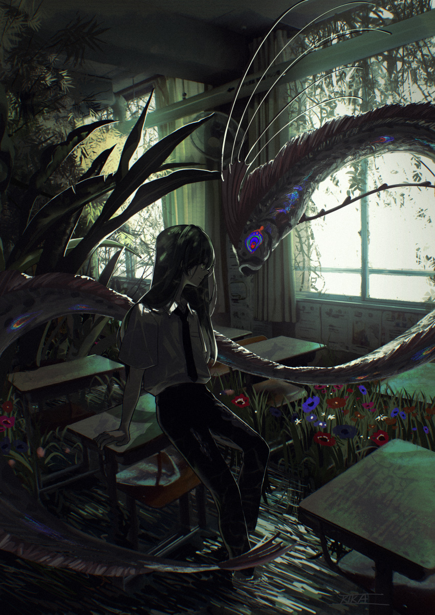 1boy, absurdres, arm_support, black_hair, black_necktie, black_pants, blue_flower, chair, classroom, closed_mouth, collared_shirt, curtains, dark, day, desk, flower, grass, highres, indoors, kika, long_hair, looking_at_animal, male_focus, monster, necktie, on_desk, original, overgrown, pants, photo_background, post-apocalypse, profile, purple_flower, red_flower, school_chair, school_desk, school_uniform, shirt, short_sleeves, signature, sitting, sitting_on_desk, smile, soaking_feet, wading, water, white_shirt, window
