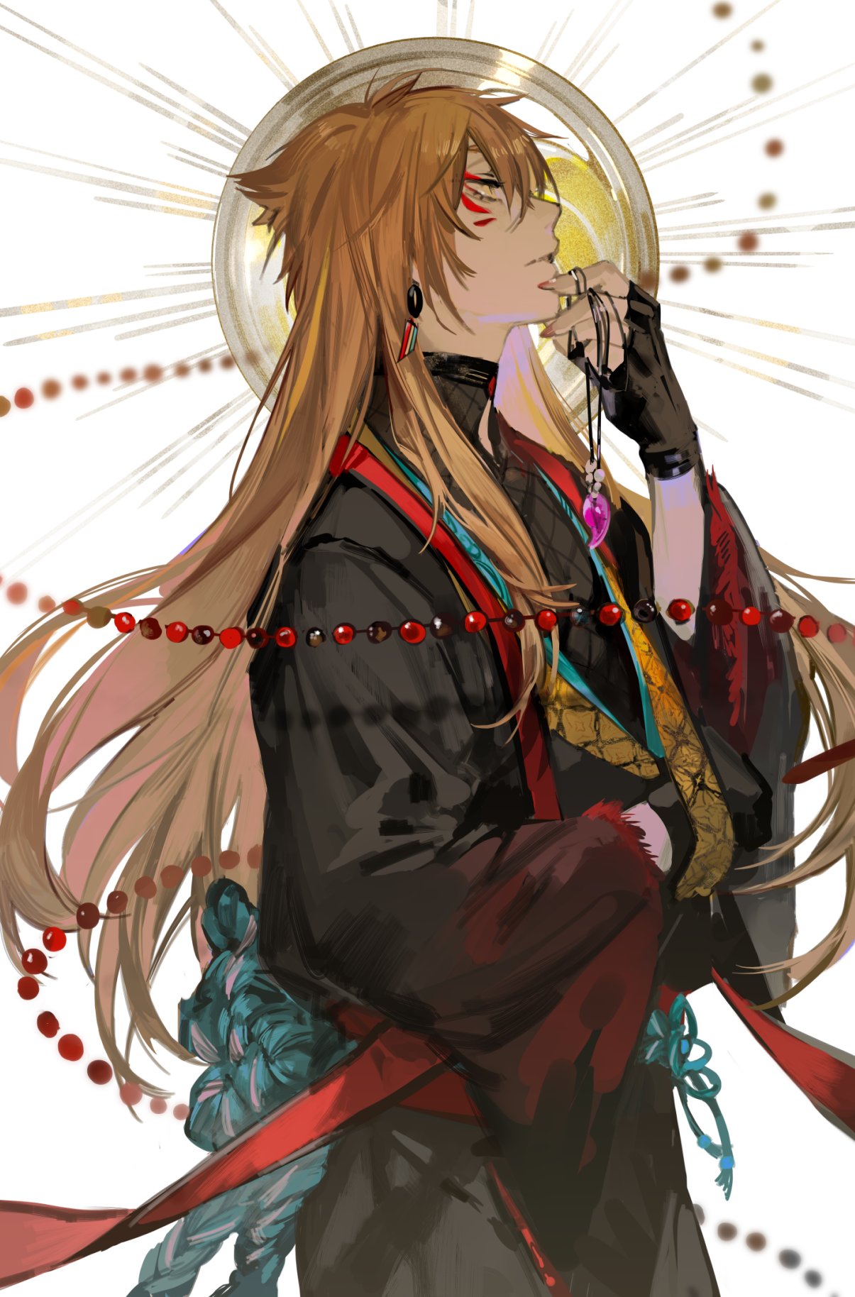 1boy, bangs, beads, black_gloves, black_robe, black_shirt, bokyo, brown_hair