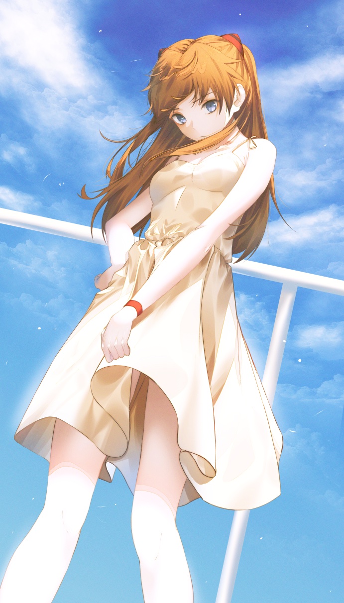 1girl, bangs, blue_eyes, dress, fov_ps, hair_between_eyes, hair_ornament, hand_on_hip, highres, long_hair, looking_at_viewer, looking_down, neon_genesis_evangelion, official_alternate_costume, orange_hair, sky, solo, souryuu_asuka_langley, standing, two_side_up, wristband, yellow_dress