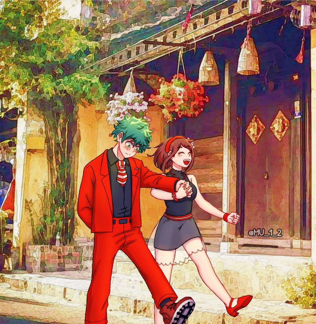 1boy, 1girl, belt, black_dress, blush, boku_no_hero_academia, bracelet, brown_hair