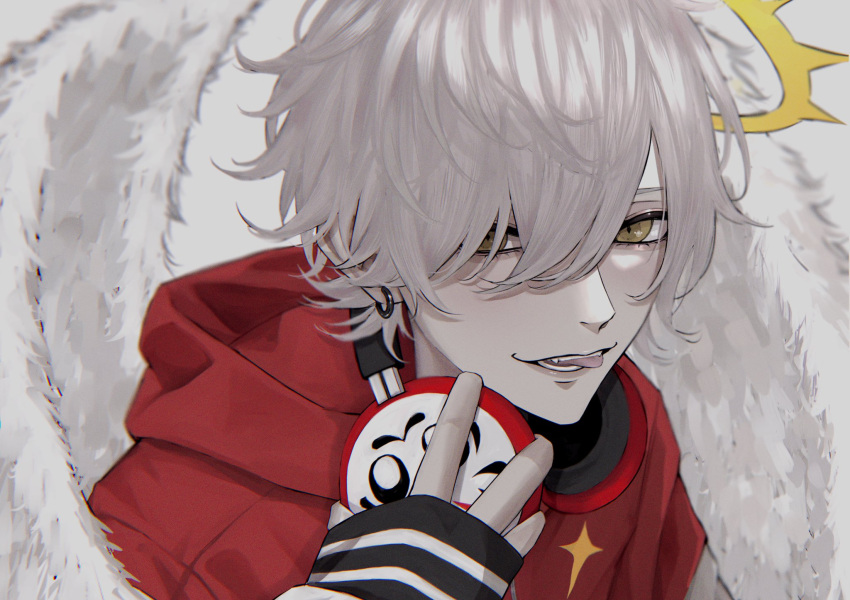 1boy, avanokabeuch, crazy_raccoon, daruma_is_god, earrings, feathered_wings, hair_between_eyes, halo