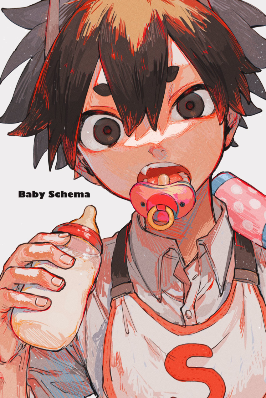 1boy, baby_bottle, black_eyes, black_hair, bottle, character_name, highres, holding