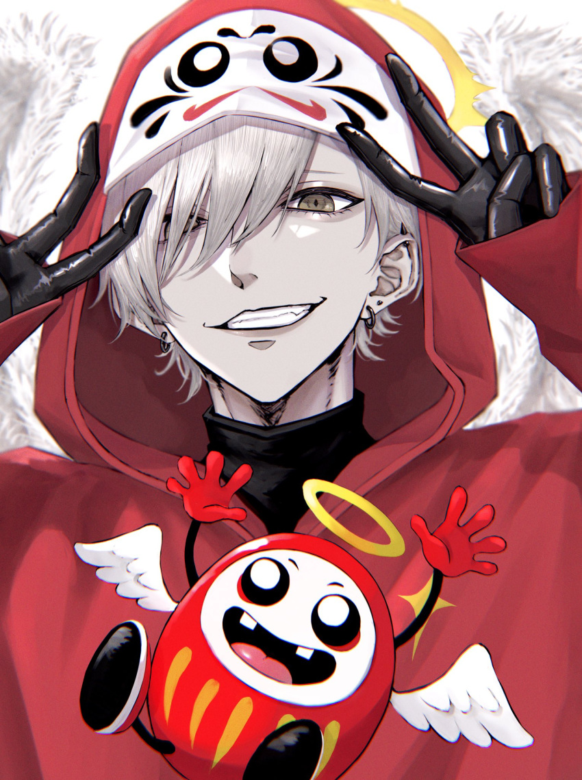 1boy, avanokabeuch, black_gloves, commentary_request, crazy_raccoon, daruma_doll, daruma_is_god, earrings