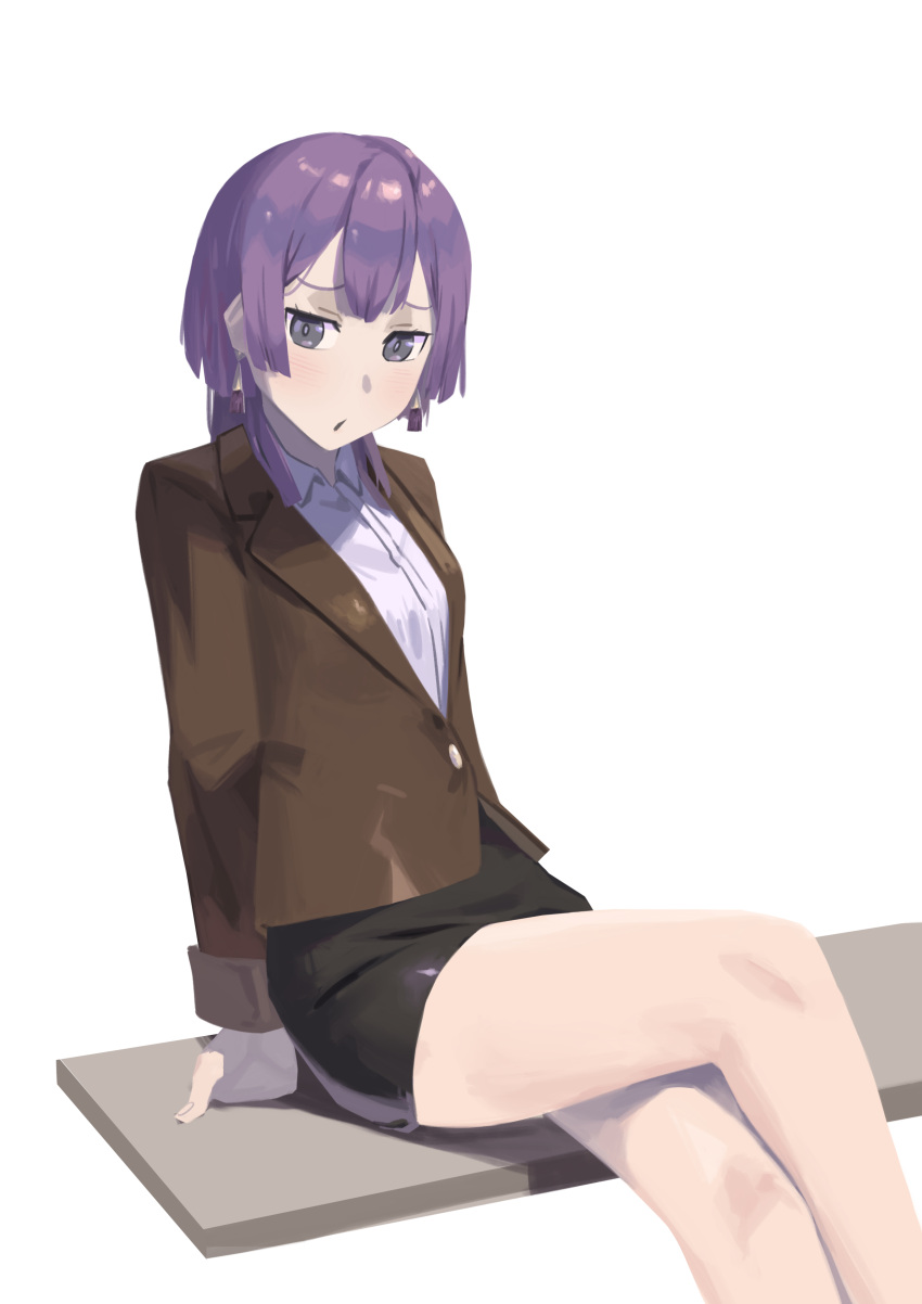 1girl, absurdres, alternate_costume, bernadetta_von_varley, black_skirt, blush, brown_jacket, commentary_request, earrings, fire_emblem, fire_emblem:_three_houses, grey_eyes, highres, jacket, jewelry, kucheat_zg, medium_hair, office_lady, open_mouth, purple_hair, shirt, simple_background, sitting, skirt, solo, white_background, white_shirt