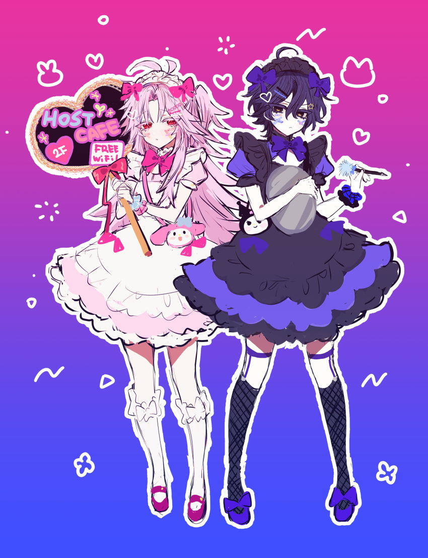 2boys, absurdres, ahoge, antenna_hair, apron, bandaid, bandaid_on_face, bangs