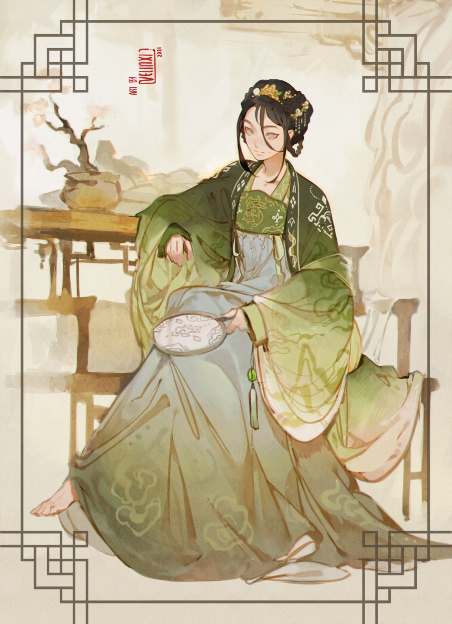 1girl, avatar:_the_last_airbender, avatar_legends, barefoot, black_hair, bonsai, border, braid