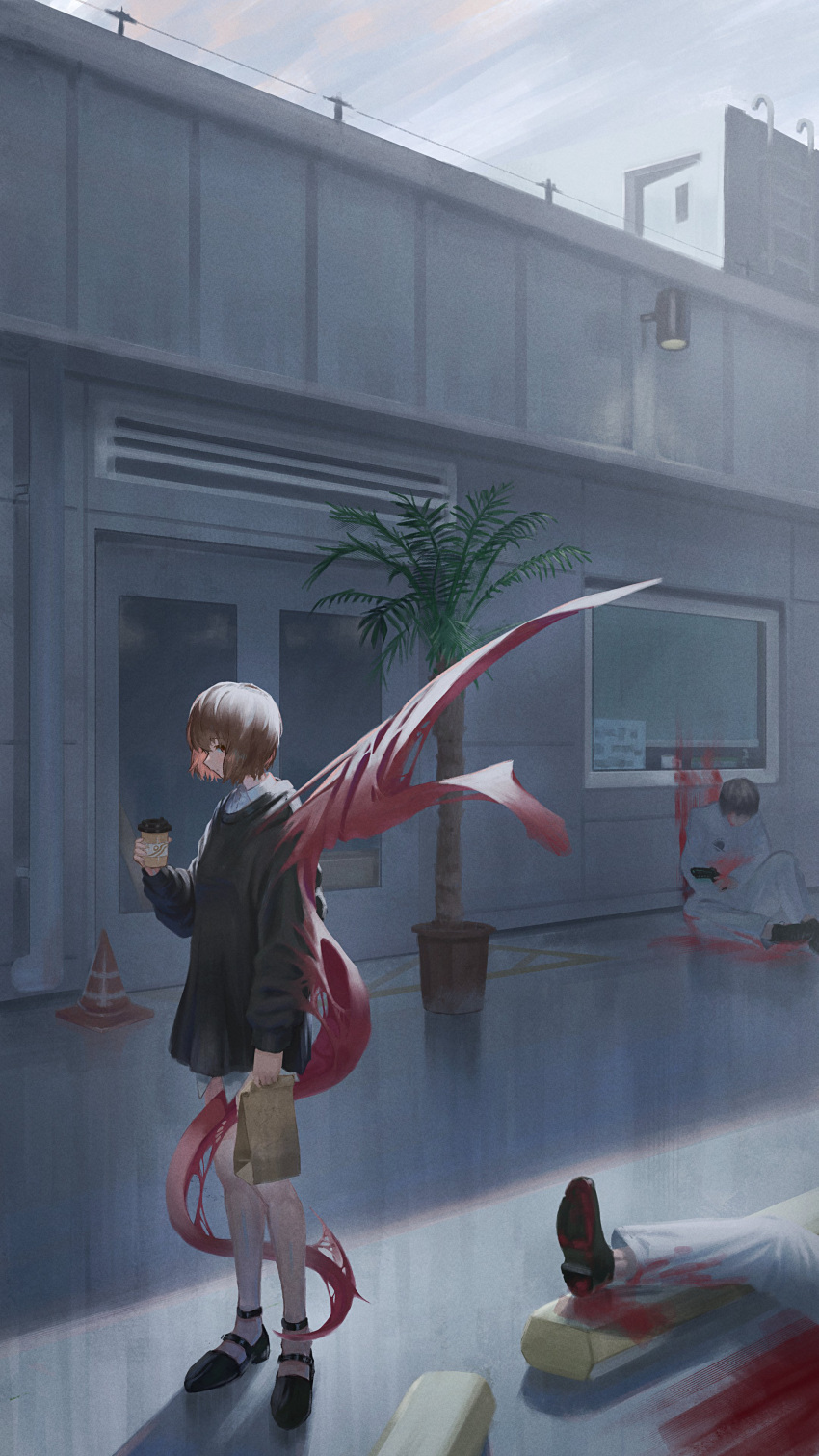 1girl, 2boys, absurdres, bag, black_footwear, black_sweater, blood, blood_splatter, brown_eyes, brown_hair, building, commentary_request, corpse, cup, death, disposable_cup, drink, fuji_(fuji_96p), gun, handgun, highres, holding, holding_bag, holding_cup, holding_drink, holding_gun, holding_weapon, ladder, long_sleeves, multiple_boys, original, outdoors, paper_bag, plant, potted_plant, shadow, shoes, short_hair, sweater, traffic_cone, weapon