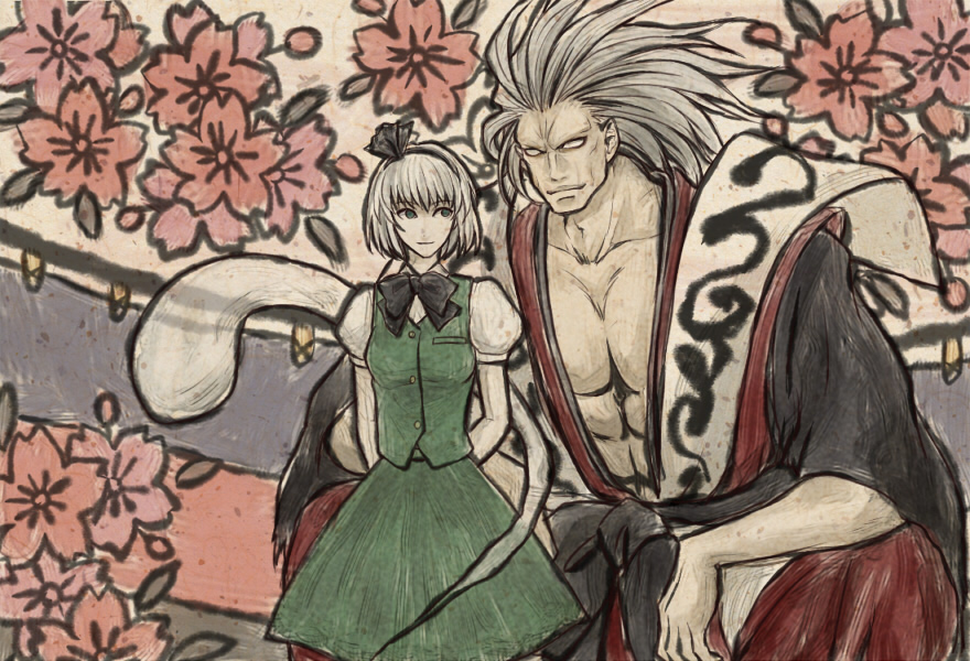 1boy, 1girl, abs, arms_behind_back, closed_mouth, empty_eyes, flower, ghost