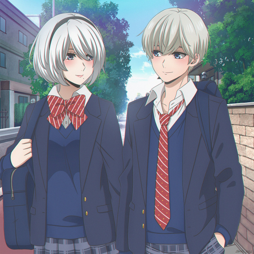 1boy, 1girl, alternate_costume, alternate_universe, bag, black_hairband, black_jacket, blue_cardigan