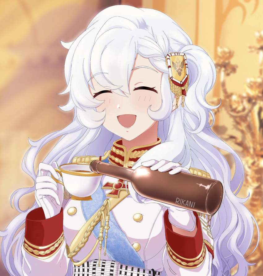 1girl, aiguillette, alpha_1918, blurry, blurry_background, borrowed_character, bottle, check_copyright