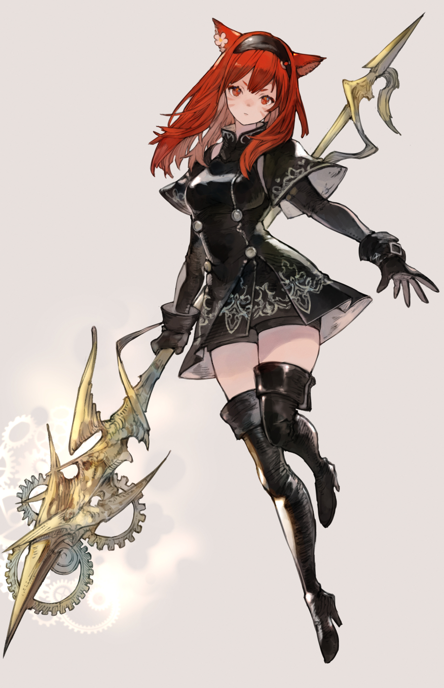 1girl, animal_ears, avatar_(ff14), bangs, black_cape, black_coat, black_gloves, black_thighhighs