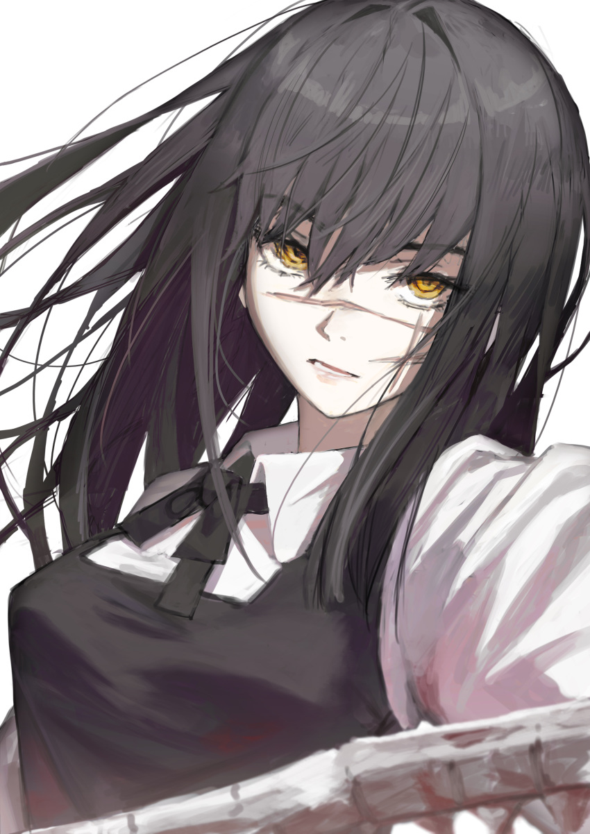1girl, absurdres, black_hair, black_ribbon, bone, chainsaw_man, dress, hair_between_eyes