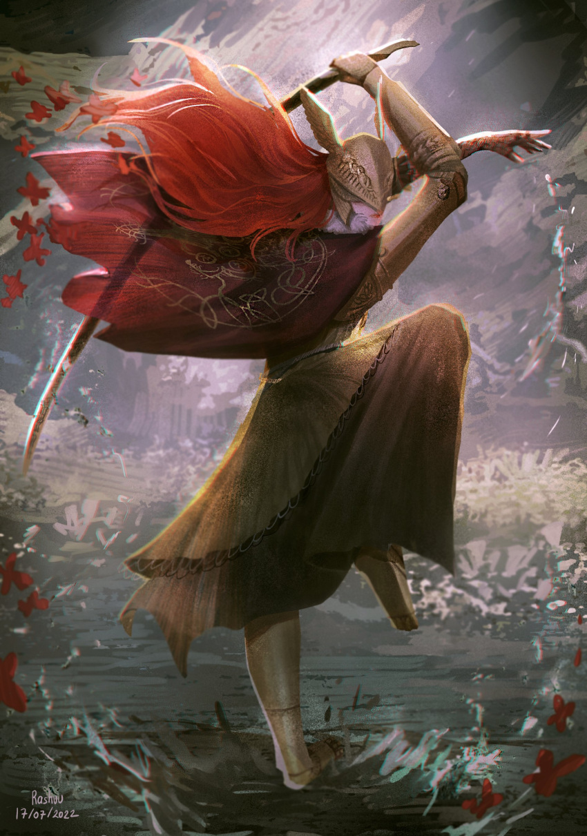1girl, absurdres, armor, cape, closed_mouth, covered_eyes, dress, elden_ring