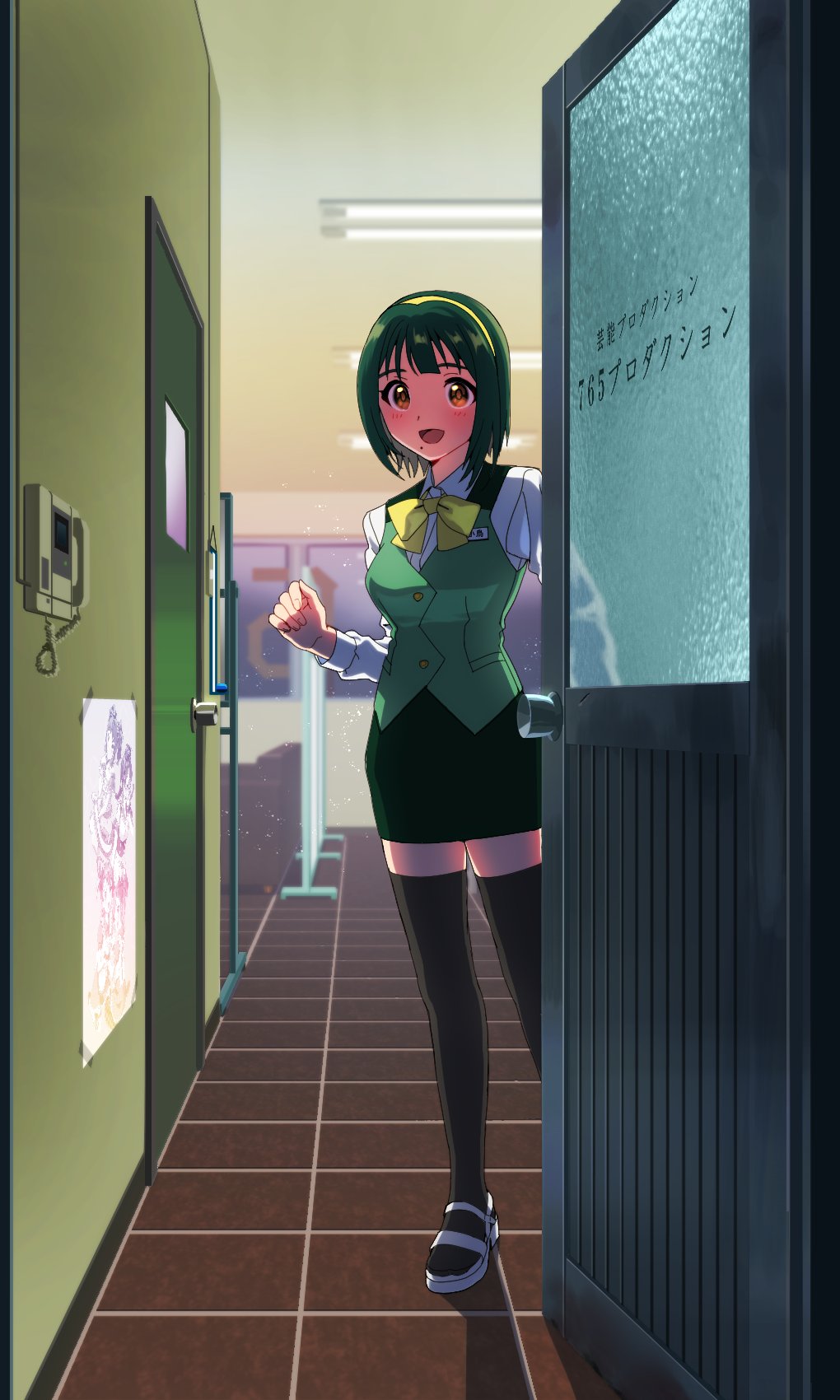 1girl, black_thighhighs, blush, bow, bromide, green_hair, green_skirt, green_vest