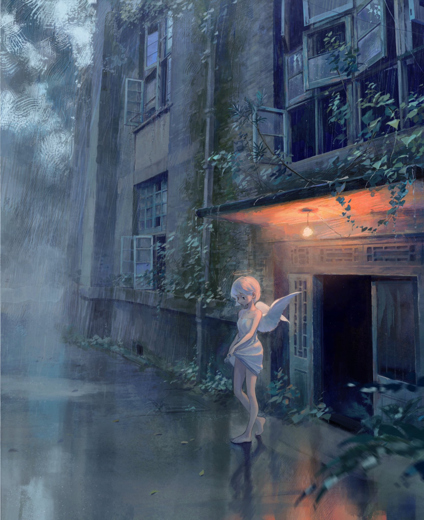 1girl, angel_wings, apartment, bare_legs, blurry, blurry_background, breasts, building