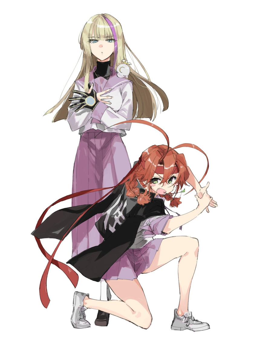 2girls, antenna_hair, black_gloves, black_jacket, blue_eyes, blush, blush_stickers, bobby_pin