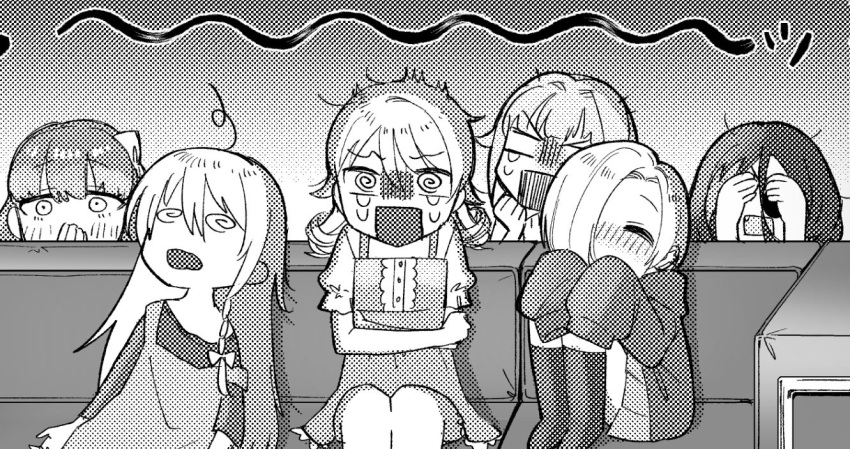 6+girls, @_@, ^_^, blank_eyes, blush, chitosetonbo, closed_eyes, couch