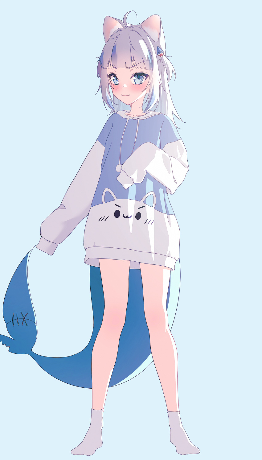 1girl, :3, absurdres, ahoge, alternate_costume, animal_ears, bare_legs, blue_background, blue_eyes, blue_hair, blush, cat_ears, closed_mouth, collarbone, drawstring, fish_tail, full_body, gawr_gura, hair_bobbles, hair_ornament, highres, hololive, hololive_english, hood, hoodie, lucasyecla99, medium_hair, multicolored_hair, oversized_clothes, shark_tail, simple_background, sleeves_past_fingers, sleeves_past_wrists, smile, socks, solo, standing, streaked_hair, tail, two_side_up, very_long_sleeves, virtual_youtuber, white_hair, white_socks