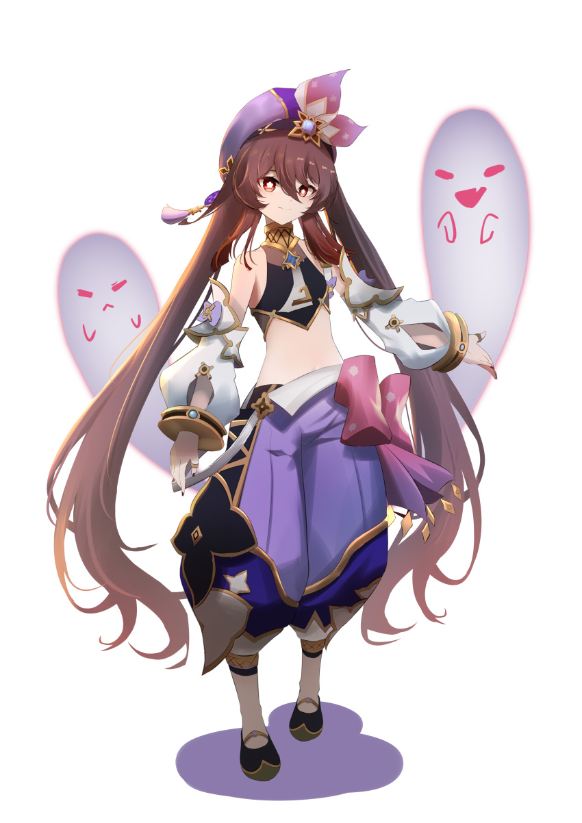 1girl, absurdres, alternate_costume, bangs, bracelet, brown_hair, commentary_request, cosplay, detached_sleeves, dori_(genshin_impact), dori_(genshin_impact)_(cosplay), full_body, genshin_impact, ghost, hair_between_eyes, hat, hat_ornament, highres, hu_tao_(genshin_impact), jewelry, long_hair, looking_at_viewer, navel, orange_eyes, pants, puffy_detached_sleeves, puffy_pants, puffy_sleeves, purple_pants, qixia, ring, short_sleeves, sidelocks, simple_background, smile, standing, stomach, symbol-shaped_pupils, twintails, white_background