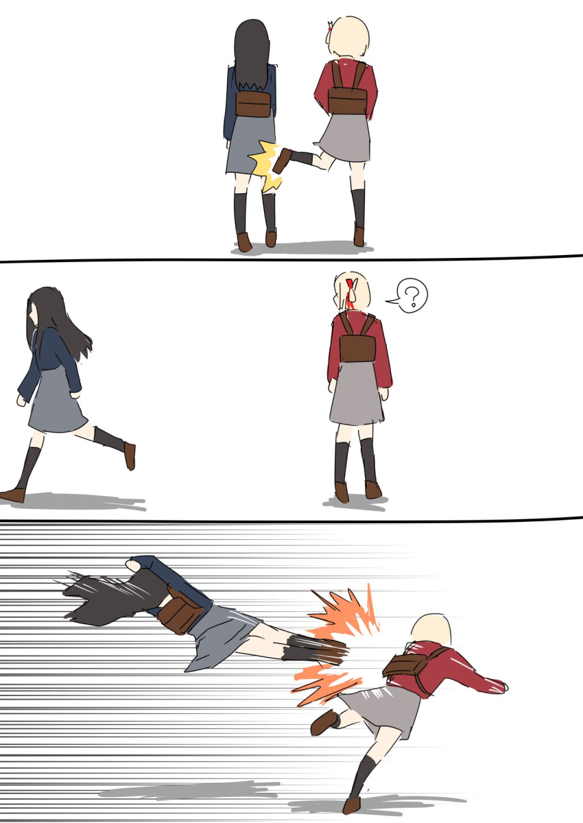 2girls, ?, backpack, bag, black_hair, black_jacket, blonde_hair, brown_bag, brown_footwear, calf_socks, falling, flying_kick, from_behind, grey_skirt, highres, inoue_takina, jacket, kicking, long_hair, lycoris_recoil, lysine, medium_hair, multiple_girls, nishikigi_chisato, red_jacket, shoes, simple_background, skirt, tagme, white_background