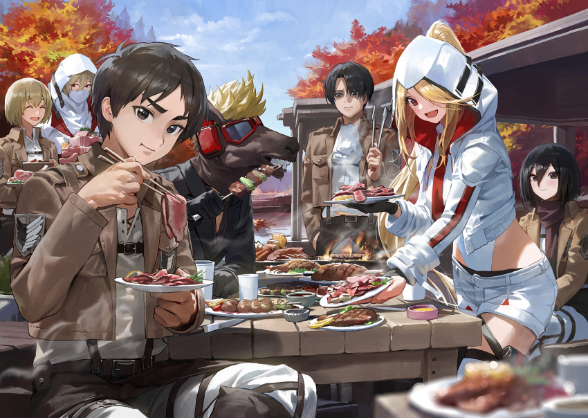2girls, 3boys, armin_arlert, ascot, autumn_leaves, bangs, belt, black_eyes, black_footwear, black_hair, blonde_hair, blue_sky, blurry, blurry_foreground, boots, brown_jacket, character_request, chopsticks, closed_eyes, closed_mouth, commentary_request, cropped_jacket, day, depth_of_field, eating, eren_yeager, food, frown, goggles, grey_shirt, hand_in_pocket, highres, holding, holding_chopsticks, holding_plate, hood, hood_up, hooded_jacket, horse, jacket, knee_boots, leotard, leotard_under_clothes, levi_(shingeki_no_kyojin), long_hair, long_sleeves, looking_at_another, looking_at_viewer, mask, meat, mikasa_ackerman, modare, mouth_mask, multiple_boys, multiple_girls, open_clothes, open_jacket, open_mouth, outdoors, pants, paradis_military_uniform, parted_bangs, plate, ponytail, red_eyes, shingeki_no_kyojin, shirt, shishkebab_(fallout), short_hair, short_shorts, shorts, sitting, skirt, sky, smile, standing, survey_corps_(emblem), suspender_skirt, suspenders, swept_bangs, thigh-highs, tongs, very_long_hair, white_ascot, white_belt, white_leotard, white_pants, white_shorts, white_thighhighs