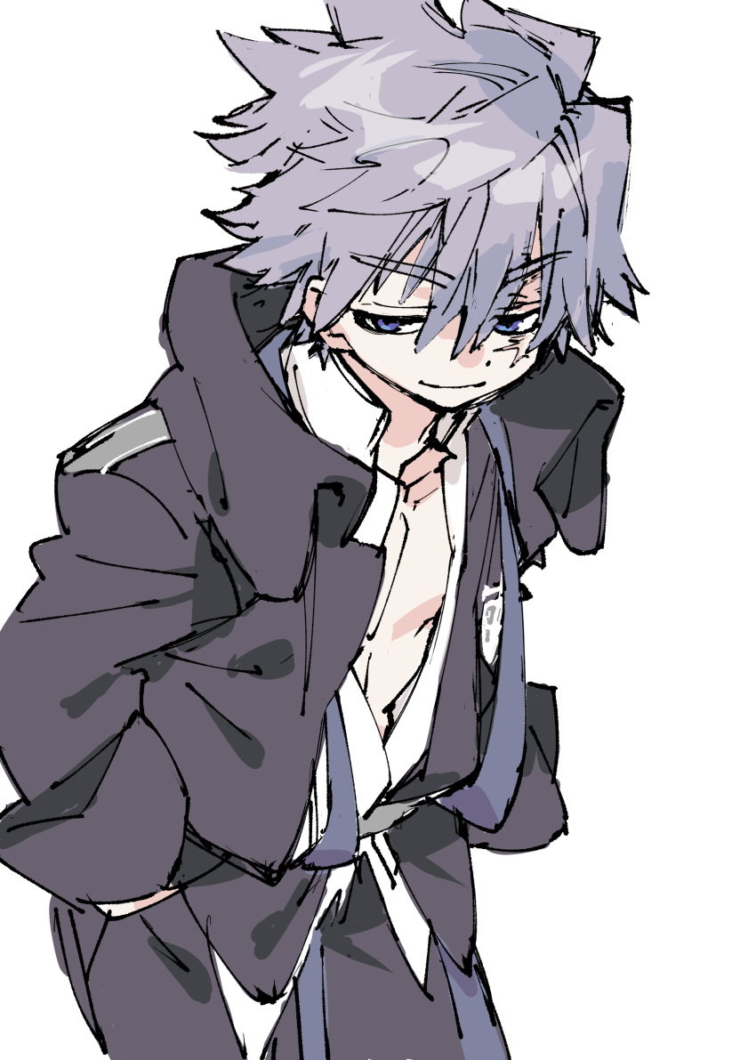 1boy, absurdres, bare_pectorals, blue_eyes, closed_mouth, dot_nose, eyes_visible_through_hair, grey_background