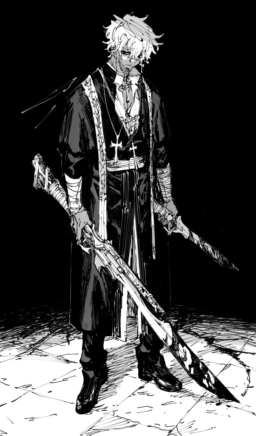 1boy, absurdres, bandaged_arm, bandages, blood, blood_on_weapon, blood_splatter, closed_mouth