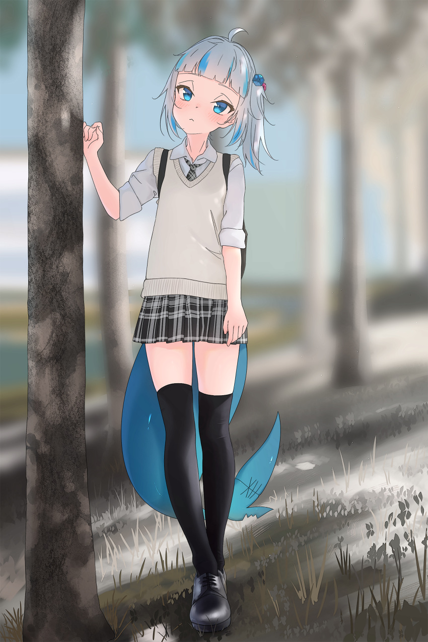 1girl, absurdres, ahoge, alternate_costume, bangs, black_footwear, black_skirt, black_thighhighs