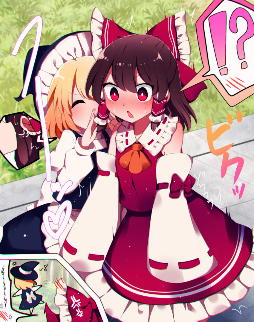 !?, 2girls, absurdres, anger_vein, apron, ascot, black_skirt, black_vest, blonde_hair, blowing_in_ear, blush, bow, brown_hair, chestnut_mouth, closed_eyes, collared_shirt, commentary_request, detached_sleeves, ear_blush, fleeing, frilled_bow, frilled_hair_tubes, frilled_shirt_collar, frilled_skirt, frills, grass, hair_bow, hair_tubes, hakama, hakama_skirt, hakurei_reimu, hat, heart, highres, japanese_clothes, kirisame_marisa, miko, multiple_girls, musical_note, puffy_short_sleeves, puffy_sleeves, red_bow, red_eyes, red_shirt, red_skirt, ribbon-trimmed_sleeves, ribbon_trim, shirt, short_hair, short_sleeves, shouting, sidelocks, skirt, skirt_set, sleeveless, sleeveless_shirt, spoken_blush, spoken_interrobang, stone_walkway, surprised, touhou, turtleneck, vest, waist_apron, walkway, white_apron, white_shirt, white_sleeves, wide-eyed, wide_sleeves, witch_hat, yellow_ascot, you_(noanoamoemoe), yuri