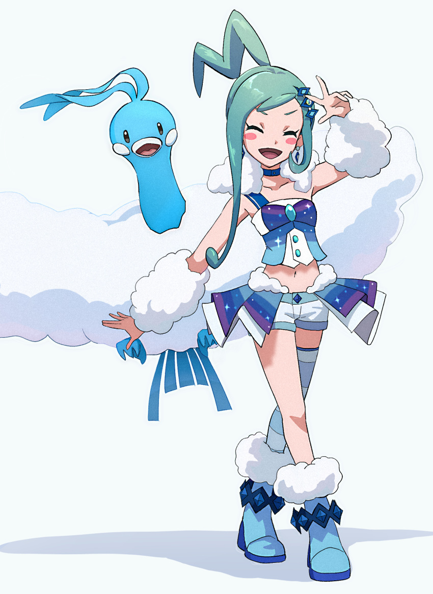 1girl, altaria, arm_warmers, asymmetrical_legwear, blue_choker, blue_footwear, boots, choker, closed_eyes, full_body, fur_trim, green_hair, hair_ornament, highres, lisia_(pokemon), long_hair, midriff, navel, open_mouth, pokemon, pokemon_(creature), pokemon_(game), pokemon_oras, shorts, shorts_under_skirt, showgirl_skirt, striped, striped_legwear, thigh-highs, w, white_background, yukishima