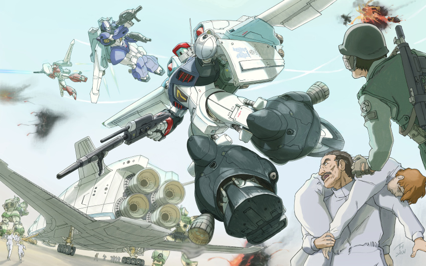 1980s_(style), absurdres, assault_rifle, battle, carrying, carrying_person, commentary_request, damaged