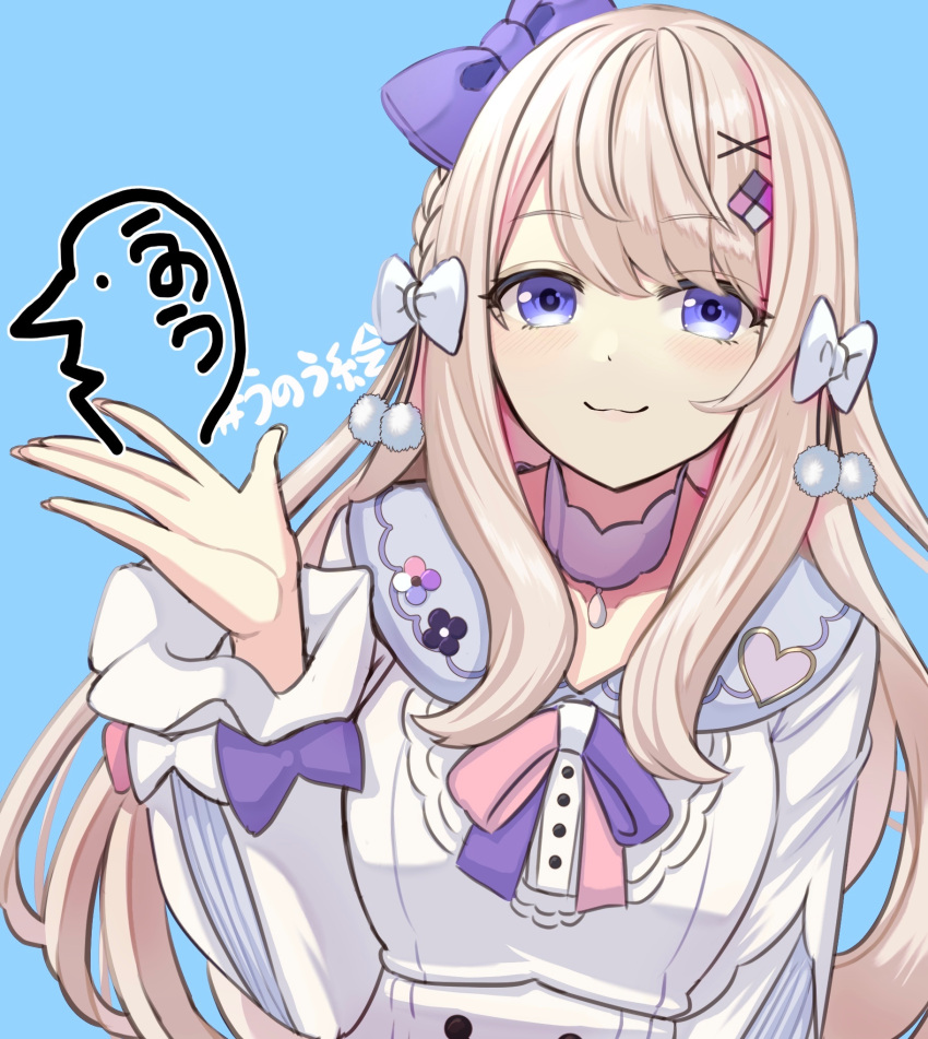 1girl, blonde_hair, blue_background, blue_eyes, choker, hair_ornament, hair_ribbon, hairclip