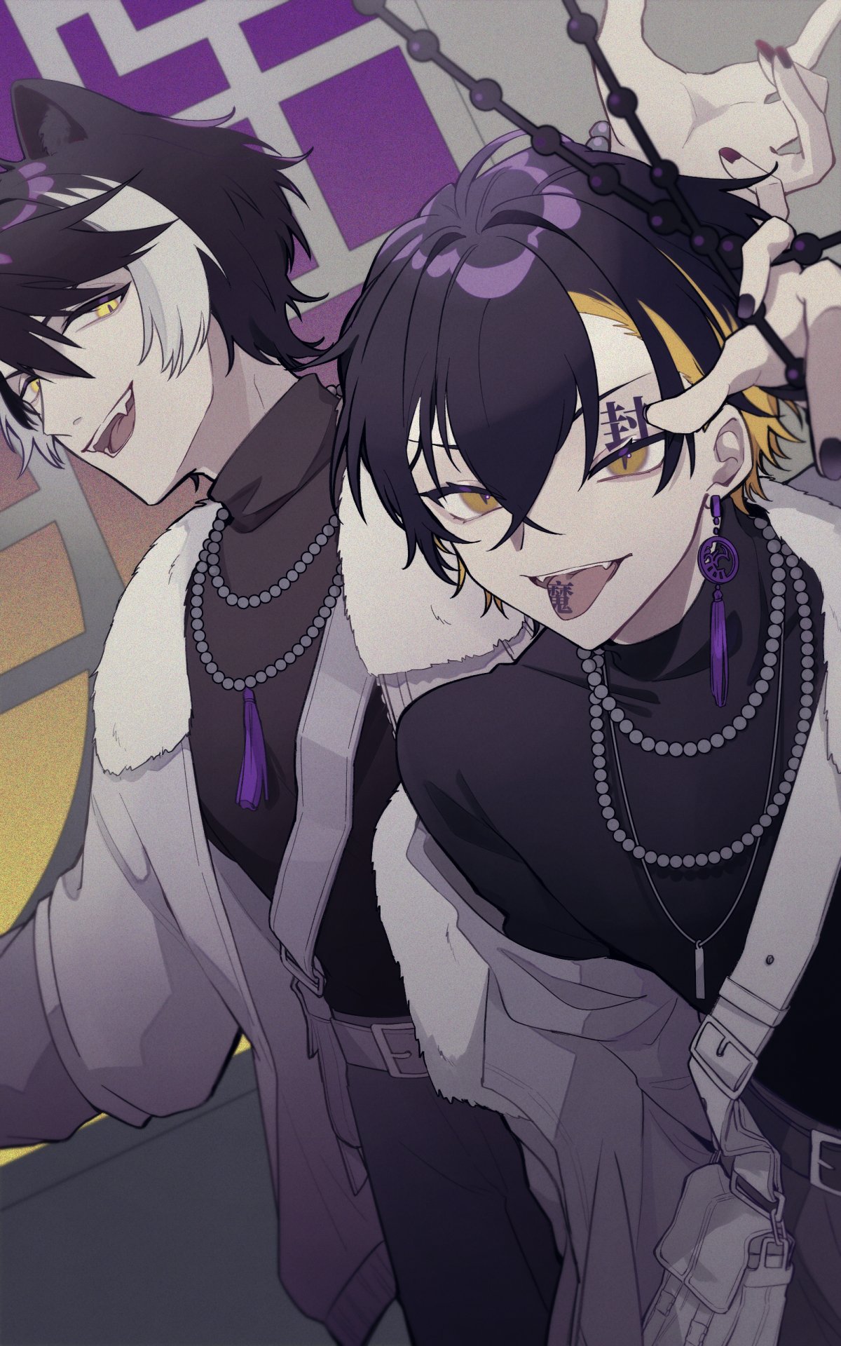 2boys, :d, animal_ears, bangs, bead_necklace, beads, black_hair, black_nails