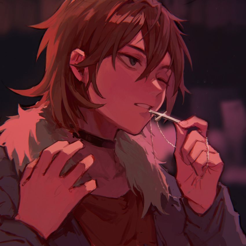 1boy, black_choker, blue_jacket, brown_hair, chinese_commentary, choker, clenched_teeth, commentary_request