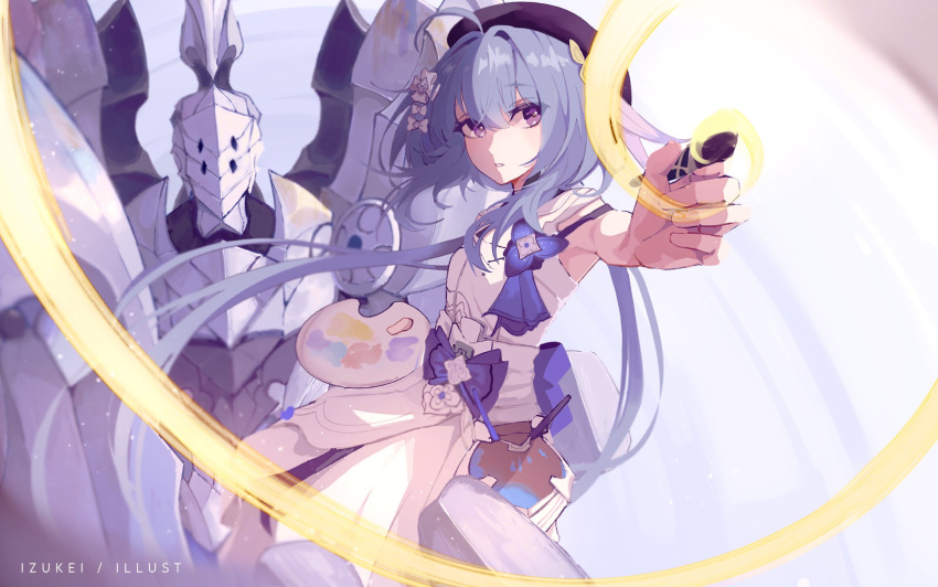 1girl, ahoge, armor, armpits, artist_name, bangs, beret, blue_hair