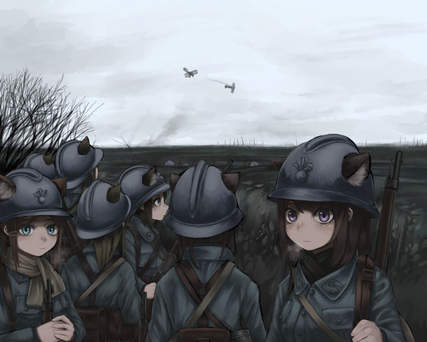 6+girls, aircraft, airplane, animal_ears, biplane, blue_coat, blue_eyes, clouds, cloudy_sky, coat, day, extra_ears, french_army, gun, helmet, highres, long_sleeves, medium_hair, military, military_helmet, military_uniform, multiple_girls, original, outdoors, rifle, rifle_on_back, short_hair, sky, soldier, standing, tree, uniform, user_dhcx5474, violet_eyes, weapon, world_war_i