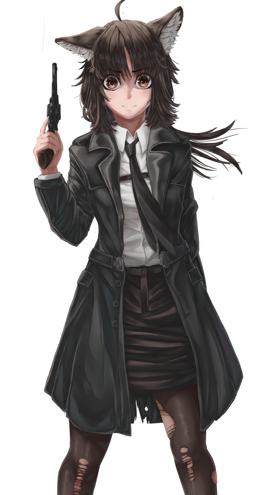 1girl, absurdres, ahoge, animal_ears, black_coat, black_hair, black_necktie, black_pantyhose