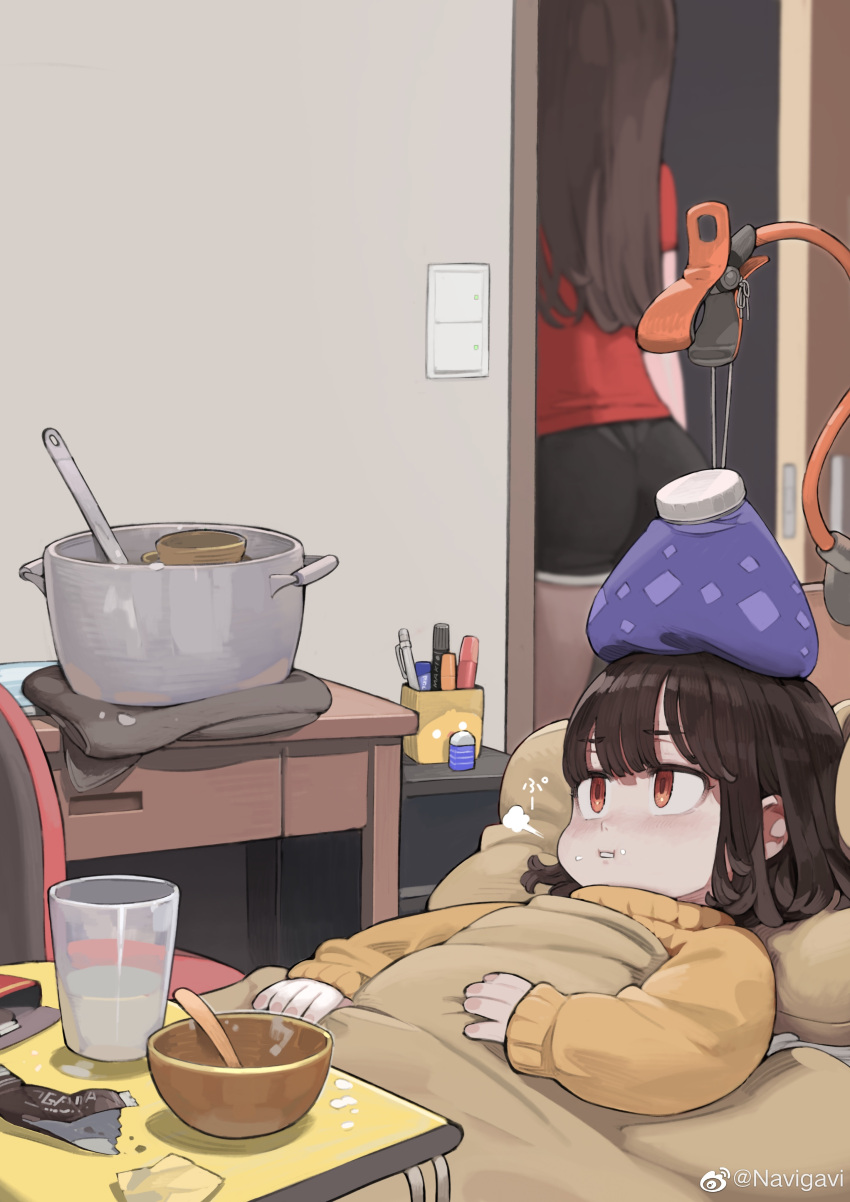 2girls, absurdres, bed, blanket, bowl, brown_eyes, brown_hair, burp