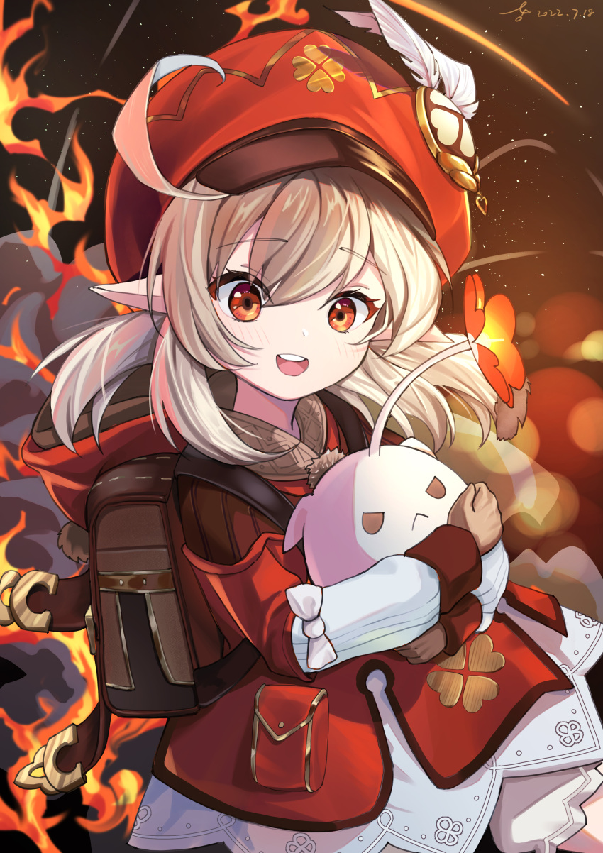1girl, :d, absurdres, ahoge, backpack, bag, bangs, bloomers, cabbie_hat, clover_print, commentary_request, doll_hug, explosion, genshin_impact, hair_between_eyes, hat, hat_feather, hat_ornament, highres, joker_(jjjokerrr233), klee_(genshin_impact), light_brown_hair, long_hair, long_sleeves, looking_at_viewer, low_twintails, object_hug, orange_eyes, pocket, pointy_ears, randoseru, sidelocks, smile, solo, stuffed_animal, stuffed_toy, twintails, underwear