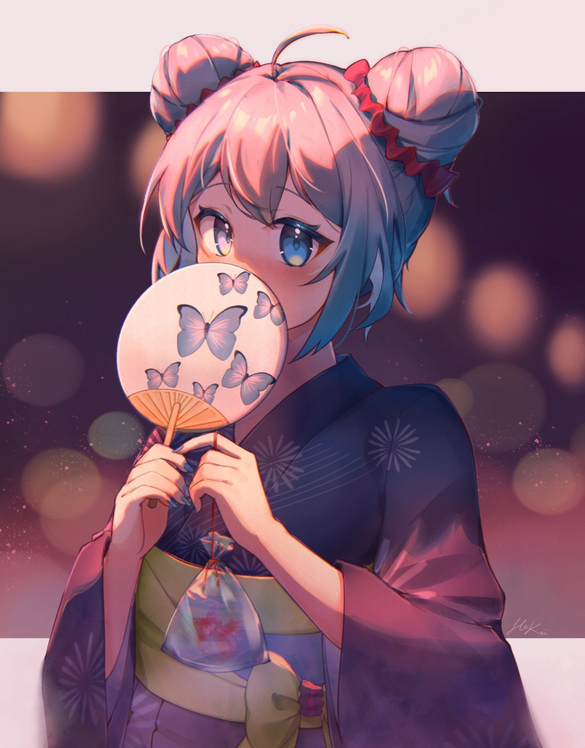 1girl, ahoge, alternate_hairstyle, aqua_eyes, aqua_hair, blue_eyes, bug, butterfly