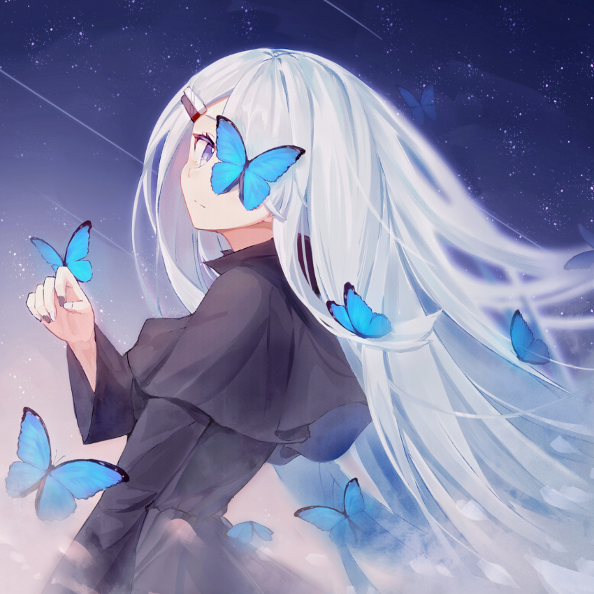 1girl, absurdres, black_dress, bug, butterfly, dress, grey_hair, hair_ornament, hair_over_one_eye, hairclip, highres, hisaya_kii, long_hair, looking_at_viewer, noir_(noworld), noworld, smile, solo, virtual_youtuber, white_hair