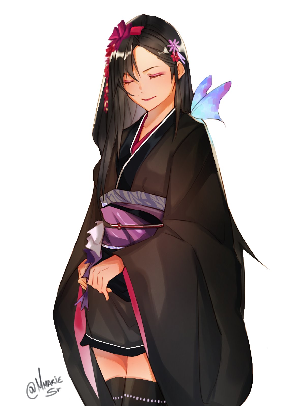 1girl, black_hair, black_thighhighs, butterfly_on_shoulder, closed_eyes, cowboy_shot, eyeshadow, final_fantasy