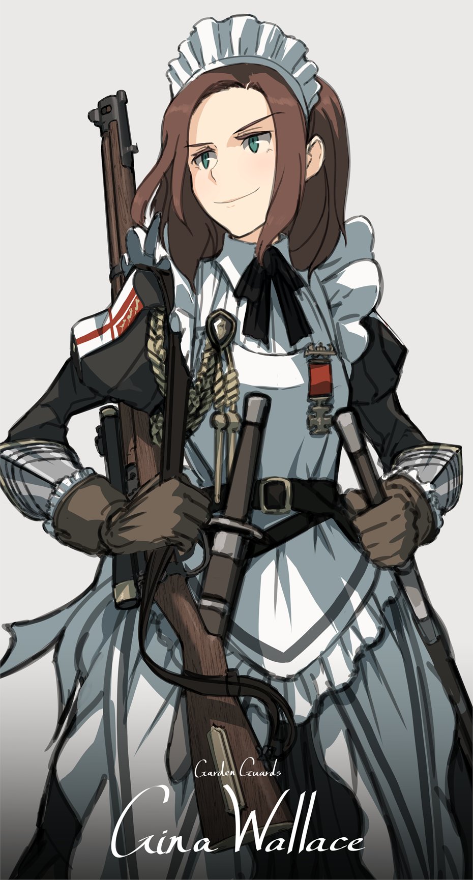 1girl, apron, armor, asterisk_kome, background_text, bolt_action, boots, bow