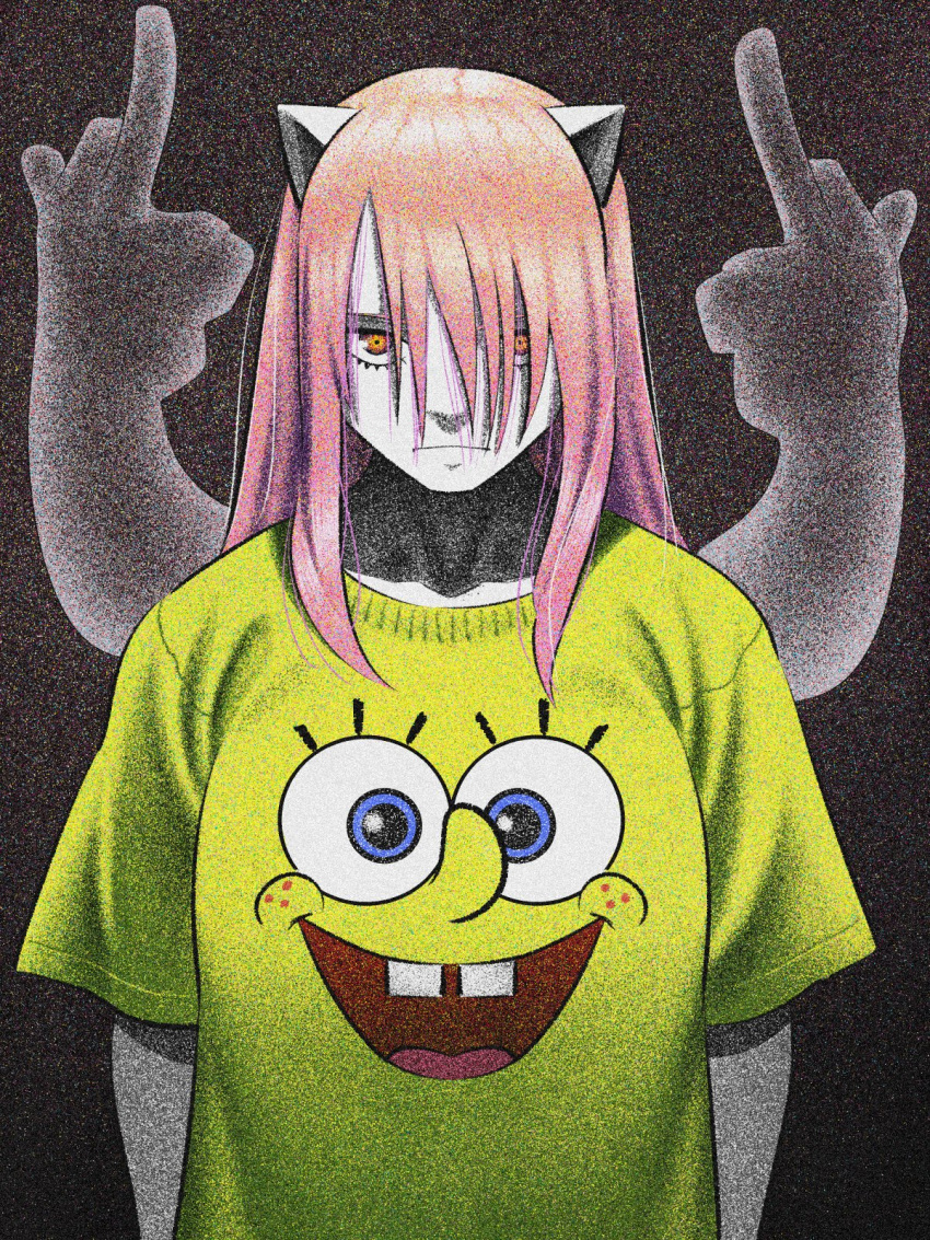 1girl, black_background, bombsahoy, character_print, closed_mouth, elfen_lied, grey_background, highres, horns, long_hair, looking_at_viewer, lucy_(elfen_lied), middle_finger, orange_eyes, pale_skin, pink_hair, serious, shiny, shiny_hair, shirt, solo, spongebob_squarepants, spongebob_squarepants_(character), t-shirt, upper_body, yellow_shirt