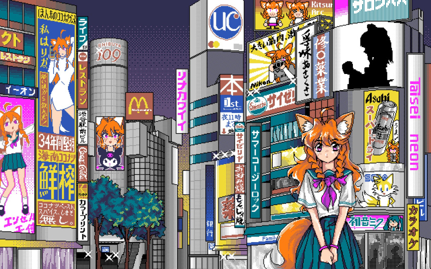 1girl, ad, ahoge, animal_ears, aqua_sailor_collar, aqua_skirt, asahi_breweries, bad_apple!!, bangs, billboard, bracelet, braid, building, closed_mouth, coca-cola, commentary, cowboy_shot, english_commentary, expressionless, flat_chest, fox_ears, fox_girl, fox_tail, gradient_sky, hakurei_reimu, hatsune_miku, highres, jewelry, kuromi, logo, long_hair, looking_at_viewer, mastercard, mcdonald's, miniskirt, multiple_views, neckerchief, neco-arc, night, nikon_(company), onegai_my_melody, orange_hair, original, outdoors, own_hands_together, pc-98_(style), pink_neckerchief, pixel_art, pleated_skirt, purple_sky, sadmomiji, saizeriya, school_uniform, sega, serafuku, shibuya_(tokyo), shibuya_109, shiny, shiny_hair, shirt, shop, short_sleeves, silhouette, skirt, sky, skyscraper, sonic_(series), stairs, standing, straight-on, tail, tails_(sonic), touhou, translation_request, tree, twin_braids, uc_card, v_arms, violet_eyes, vocaloid, white_shirt