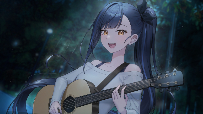 1girl, baegbalbaegjung, bangs, blurry, blurry_background, dark_blue_hair, fangs, guitar