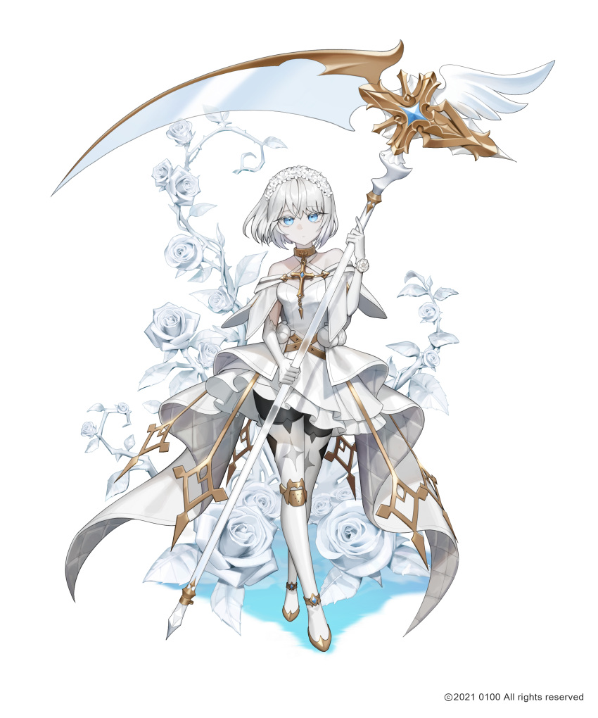 1girl, absurdres, baegbalbaegjung, blue_eyes, closed_mouth, dress, flower, full_body