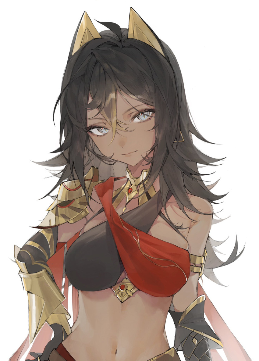 1girl, ahoge, animal_ears, asymmetrical_clothes, bangs, black_hair, black_halter_top, commentary